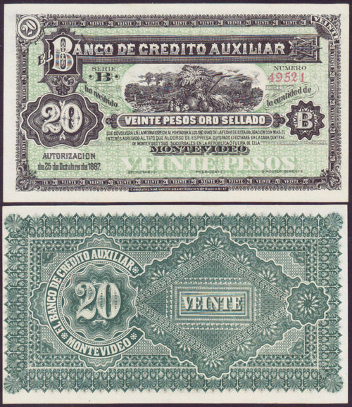 1887 Uruguay 20 Pesos (Banco de Credito Auxiliar) aUnc L001142